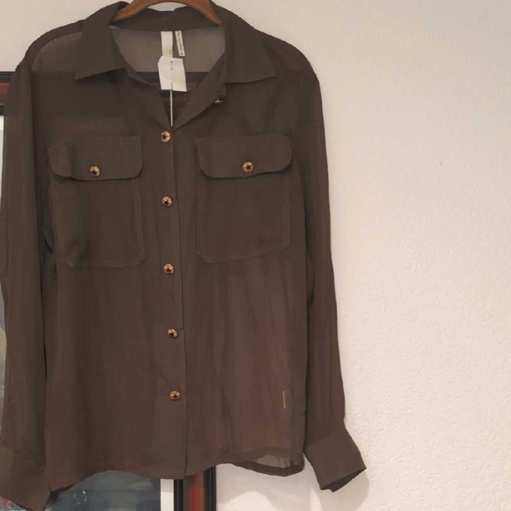 Line & Dot Long Sleeve Button Down Sheer Shirt